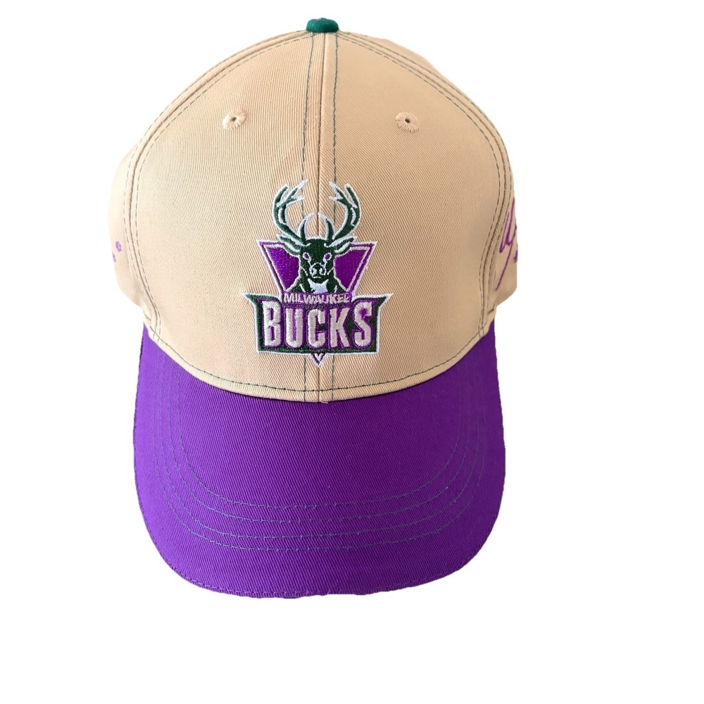 Milwaukee Bucks Hat Snapback Cap Mens Ivory Purple Under Brim Graphic NBA